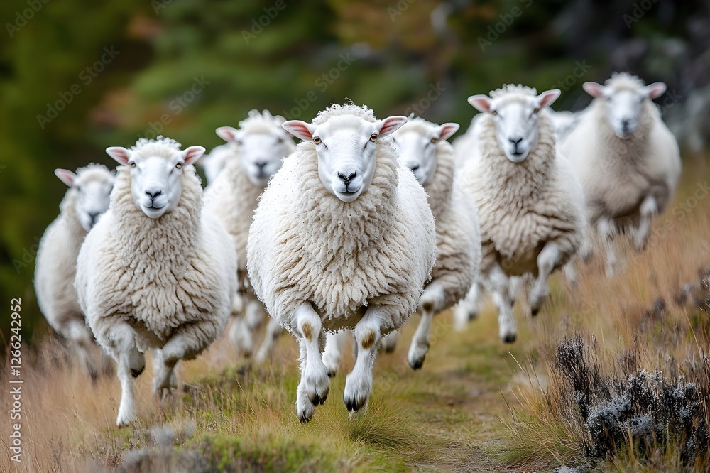 Fototapeta premium Cheerful on the Hillside A flock of sheep happily hopping on the cool highlands, their white fur glistening in the morning sunlight, creating a soothing pastoral scene
