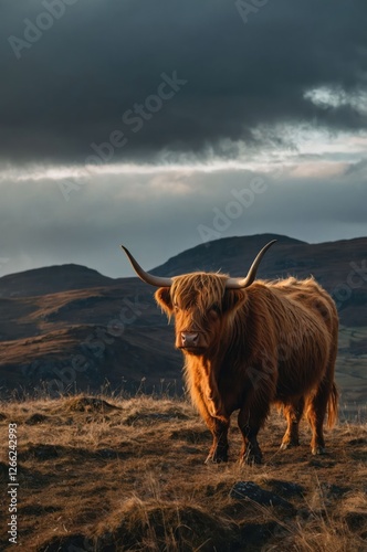 A Highland cow stands majestically against a dramatic landscape at sunset.