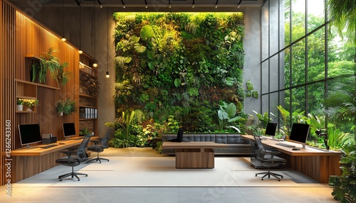 A stylish office with abundant greenery, ecofriendly lighting solutions, and a natural wood desk, sustainabilityfocused design, ultraHD, cinematic atmosphere photo