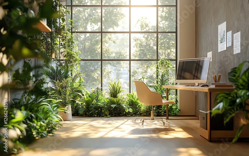 A bright contemporary workspace with floortoceiling windows, indoor greenery, and minimalist sustainable design, cinematic lighting, ultraHD, architectural masterpiece photo