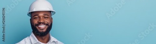 Smiling Man in White Hard Hat Against Light Blue Background