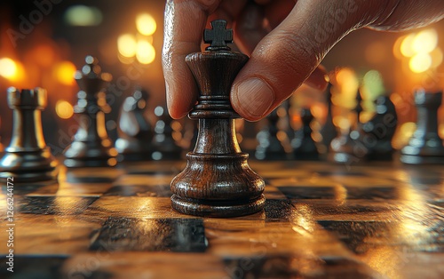 A hand executes a gamechanging chess move, representing leadership and critical thinking, ultradetailed, cinematic lighting, deep depth of field, 8K render photo