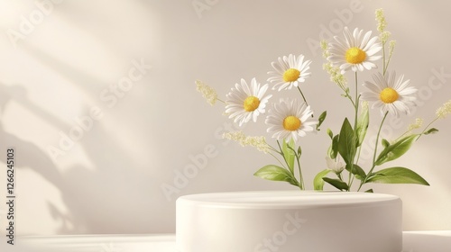 Matte white 3D pedestal with blooming daisies and gentle spring leaves, bright and fresh minimalist composition