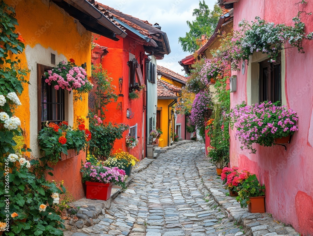 Fototapeta premium Charming Cobblestone Streetscape: Vibrant Buildings Adorned with Flowers in a Picturesque European Village with Red Tile Roofs and Lush Greenery