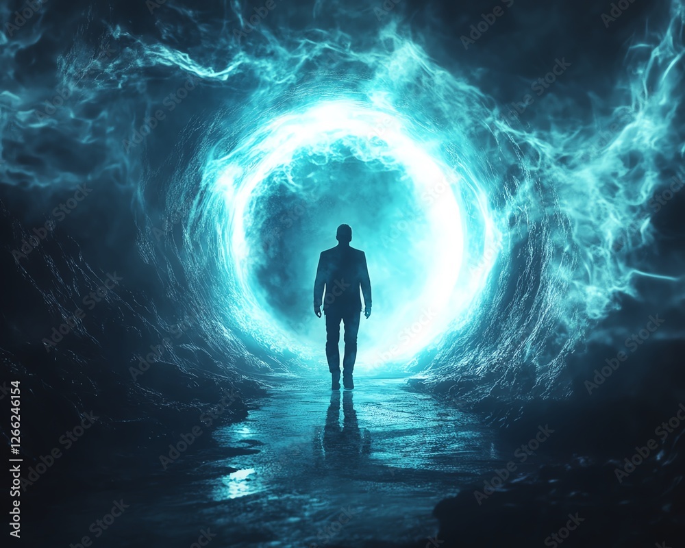 Fototapeta premium A light man in a mysterious abstract tunnel, dark silhouette walking through a path of hope and fantasy, glowing atmosphere, surreal and cinematic 8K quality
