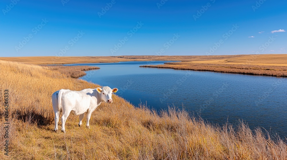 Fototapeta premium White calf by lake, autumn prairie, serene landscape, nature photography