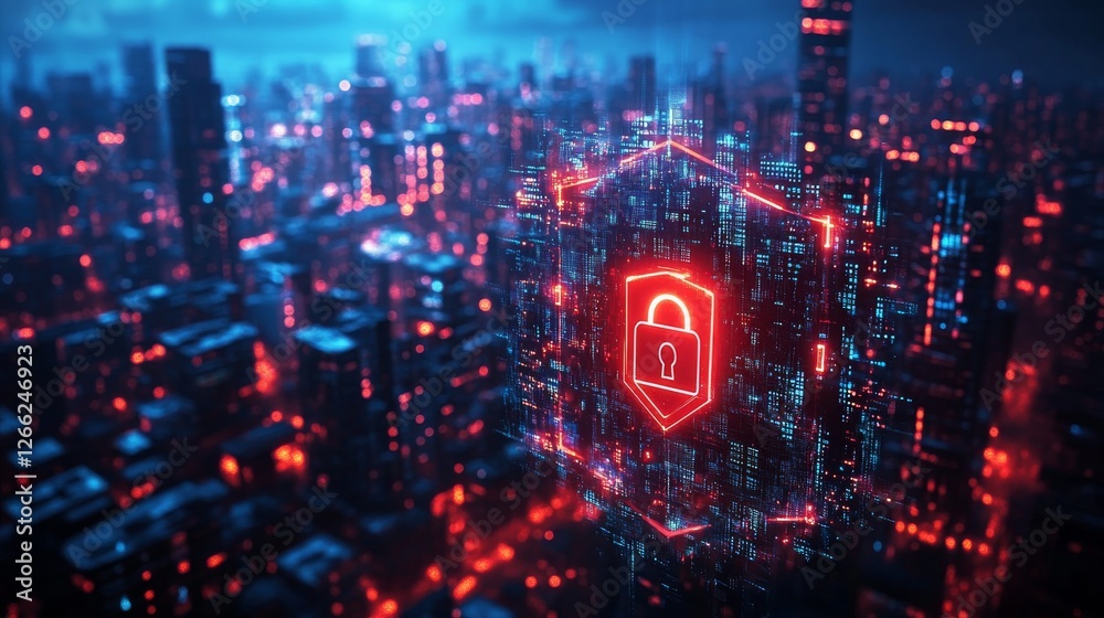 Fototapeta premium Cybersecurity Shield over Digital Cityscape: Protecting Information in the Modern Age with Advanced Technology, Encrypted Networks, and Secure Communication