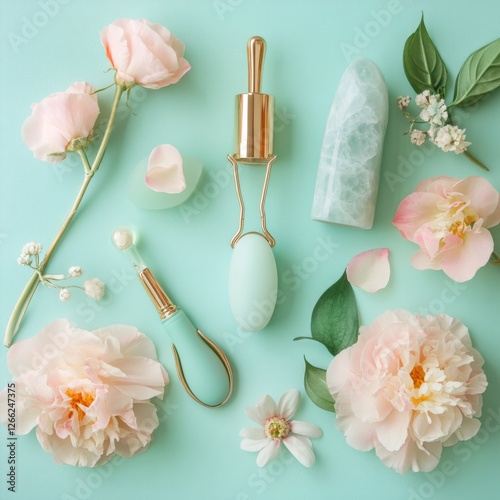 Elegant Skincare Still Life: Pastel Tones, Facial Rollers, and Floral Accents on a Serene Mint Green Backdrop, evoking Relaxation and Holistic Beauty