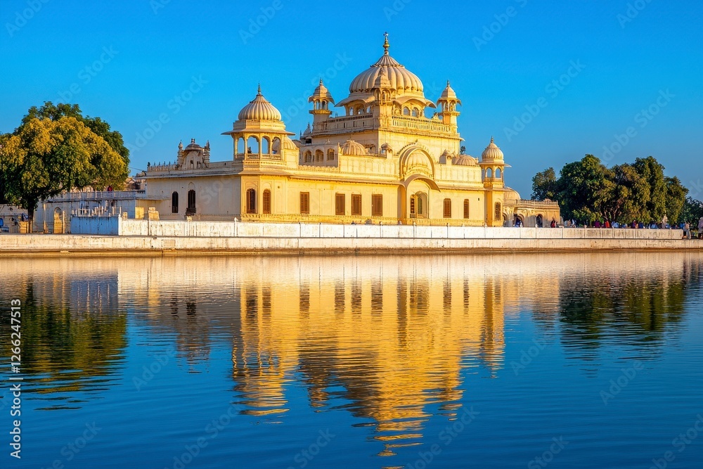 Fototapeta premium Reflective Golden Sandstone Temple by Calm Water Under a Clear Blue Sky