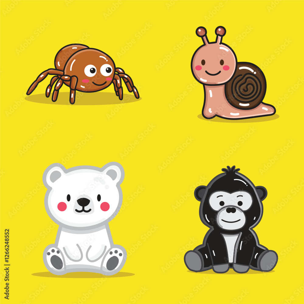 Naklejka premium a cute spider, snail, polar bear, and gorilla cartoon illustration for the design element