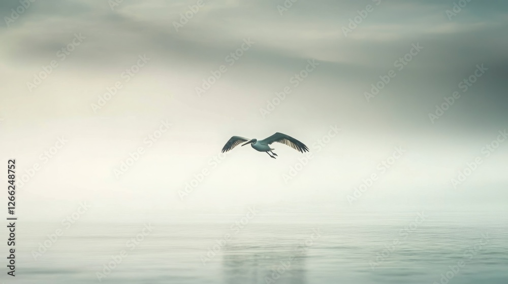 A pelican glides effortlessly over calm waters, a serene moment captured in muted tones. A pelican glides effortlessly over calm waters, a serene moment captured in muted tones.