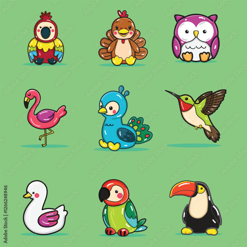 Obraz premium a cute bird illustration set for design elements, parrot, flamingo, owl, hummingbird, peacock, swan, toucan, turkey