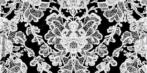 White lace floral pattern on black background creating elegant textile design