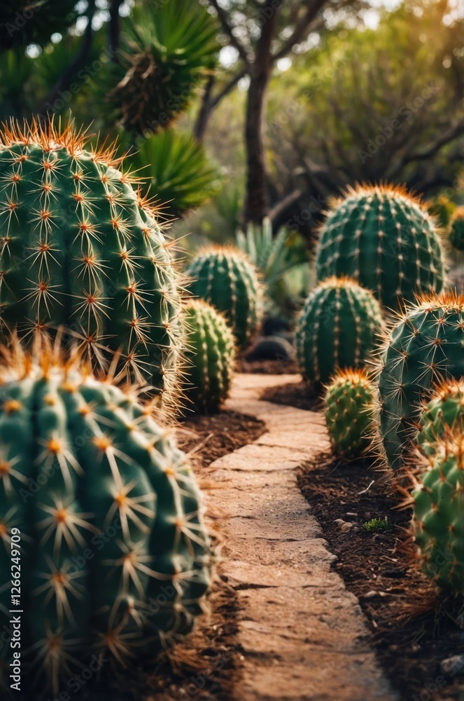 A winding path through a cactus garden, showcasing various cacti in natural light. A winding path through a cactus garden, showcasing various cacti in natural light.