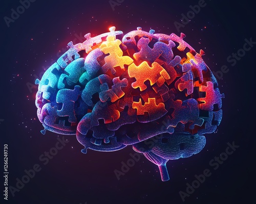 An artistic concept of a human brain built from floating puzzle pieces, interconnected by glowing lines, vibrant colors, and soft light reflections, hyperrealistic style