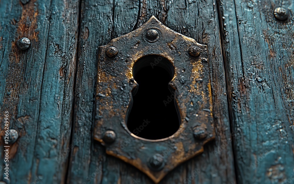 A detailed keyhole on an ancient wooden door, showcasing an intricate inner world of memories, swirling thoughts, and dreamlike visuals, ultrarealistic, cinematic quality A detailed keyhole on an ancient wooden door, showcasing an intricate inner world of memories, swirling thoughts, and dreamlike visuals, ultrarealistic, cinematic quality