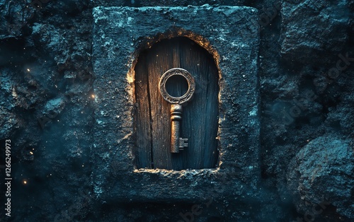 A detailed keyhole on an ancient wooden door, showcasing an intricate inner world of memories, swirling thoughts, and dreamlike visuals, ultrarealistic, cinematic quality