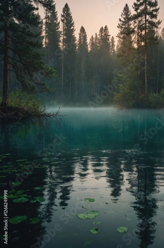 Serene lake surrounded by misty forest, reflecting trees and calm water.