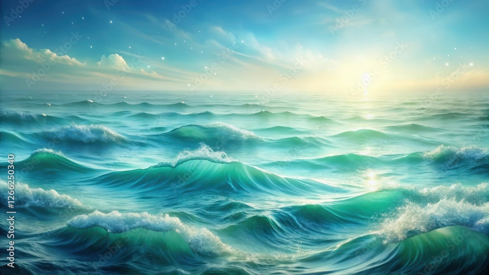 Fototapeta premium Ocean waves at sunrise, a serene and tranquil seascape with a vibrant teal hue, reflecting the golden light, peaceful atmosphere, and a celestial sky