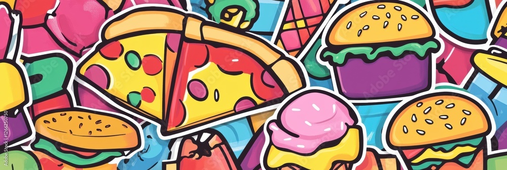 Playful food stickers featuring colorful pizza slices and other delicious treats in a fun, vibrant arrangement. Generative AI Playful food stickers featuring colorful pizza slices and other delicious treats in a fun, vibrant arrangement. Generative AI