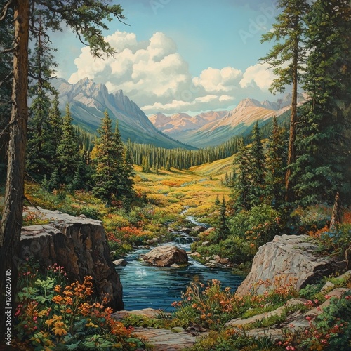 Serene Mountain Valley: A Landscape Painting of a Stream Flowing Through Meadows, Surrounded by Forests and Rugged Peaks Under a Cloudy Blue Sky