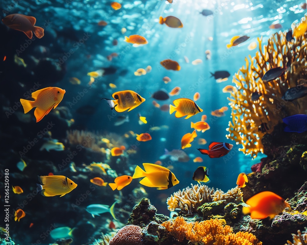 Fototapeta premium A lively underwater scene with various species of colorful fish swimming around coral reefs, illustrating the beauty and richness of the oceans wildlife