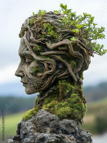 Mystical earth mother sculpture with moss and tree roots, weathered and serene, Generated AI