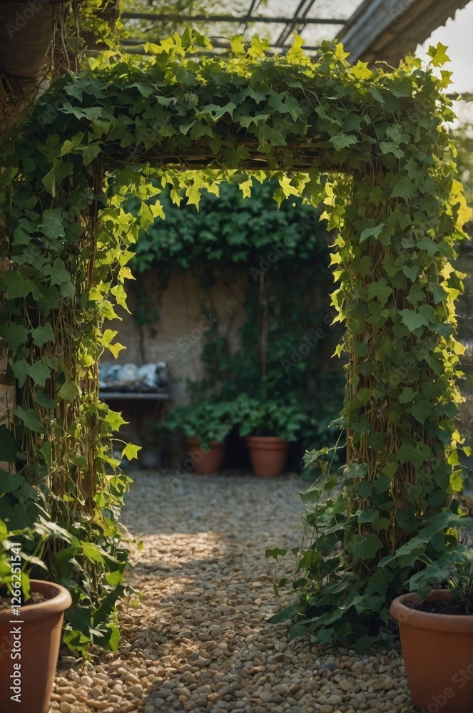 A serene garden archway adorned with lush green vines, leading to a peaceful space. A serene garden archway adorned with lush green vines, leading to a peaceful space.