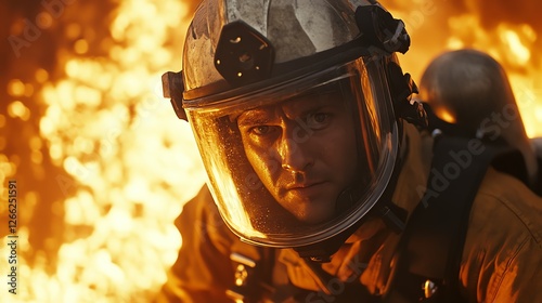 A firefighter in action, wearing full protective gear, battling flames at a fire scene with a safetyconscious and determined expression photo