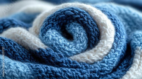 Blue and white wool texture closeup, knitted swirl abstract design backdrop Generated AI photo