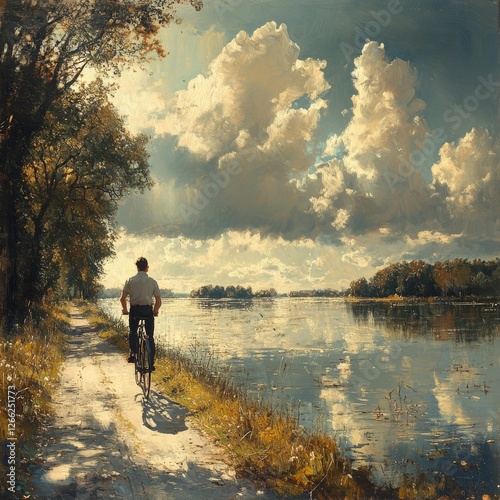 Tranquil Bicycle Ride: A Man Cycling Along a Riverbank on a Sunny Day with Dramatic Clouds, Captured in an Impressionistic Style Painting.