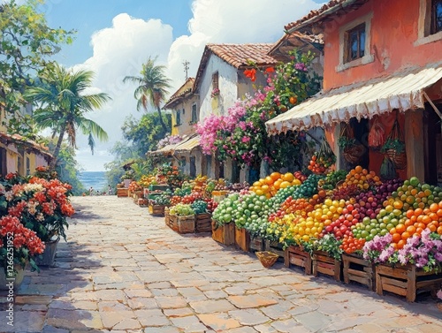 Vibrant Coastal Market: A Colorful Oil Painting of a Fruit-Filled Street with Bougainvillea, Palm Trees, and a Glimpse of the Sea Under a Sunny Sky