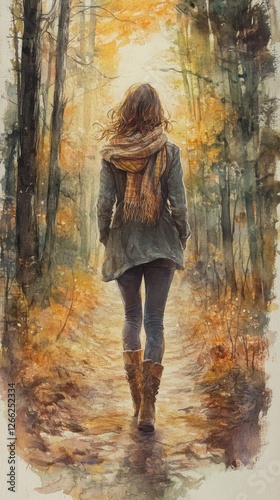 Watercolor Trail: A Woman Walks Away on a Sunny Autumn Path, Surrounded by Trees, Wearing a Scarf, Jacket, Leggings, and Boots - Artistic Fall Journey.