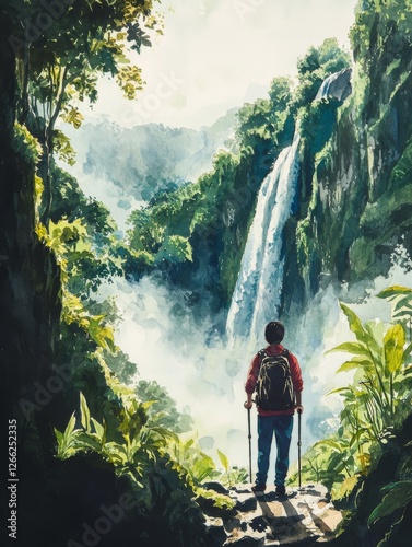 Watercolor Wonder: A Hiker's Gaze at a Majestic Waterfall, Embraced by Lush Greenery and Misty Hues in a Serene Outdoor Adventure.