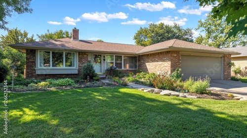 Charming single-story brick house with vibrant garden and green lawn