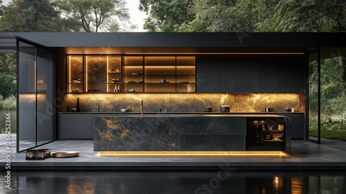 Sleek ultramodern kitchen in harmony with lush nature, accented by marble details Generated AI