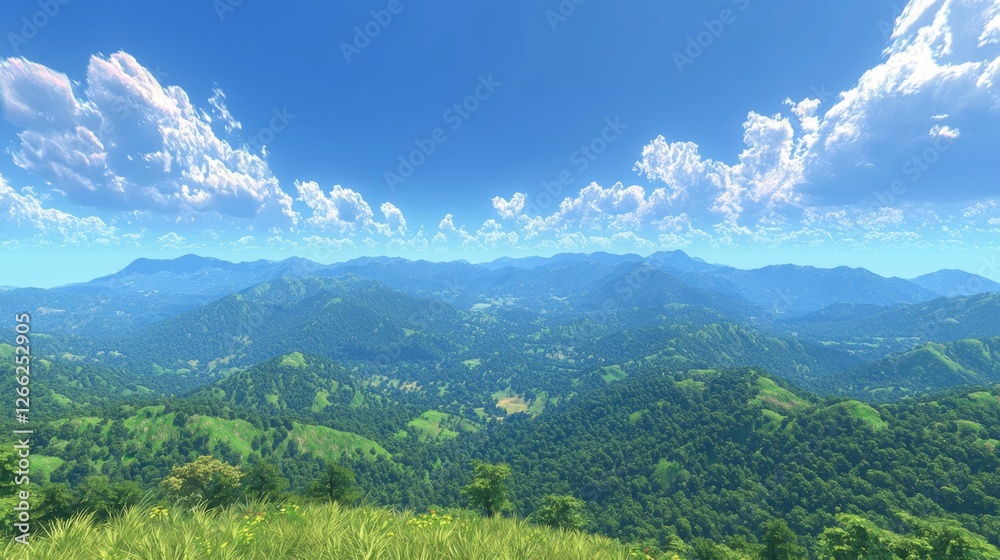 Naklejka premium Serene Panoramic View of Lush Green Mountains Under Clear Blue Sky with Soft White Clouds in Daylight Setting