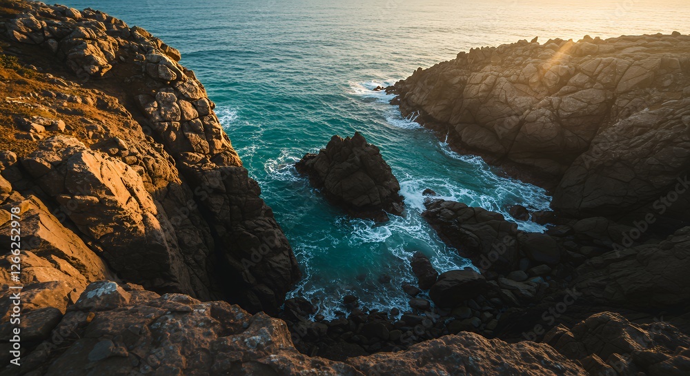 Coastal Rock Formation with Turquoise Water and Golden Sunlight Landscape Coastal Rock Formation with Turquoise Water and Golden Sunlight Landscape