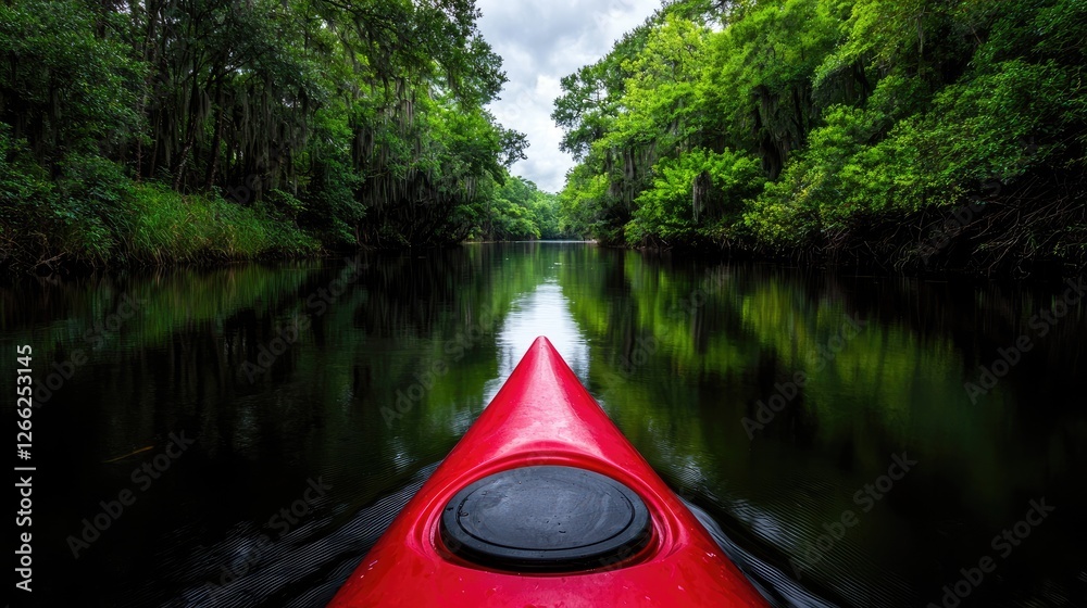 Fototapeta premium Kayaking serene river, lush forest, calm water, outdoor adventure, travel