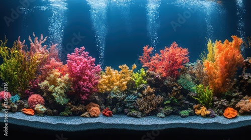 Colorful aquarium display with vibrant coral and air bubbles photo