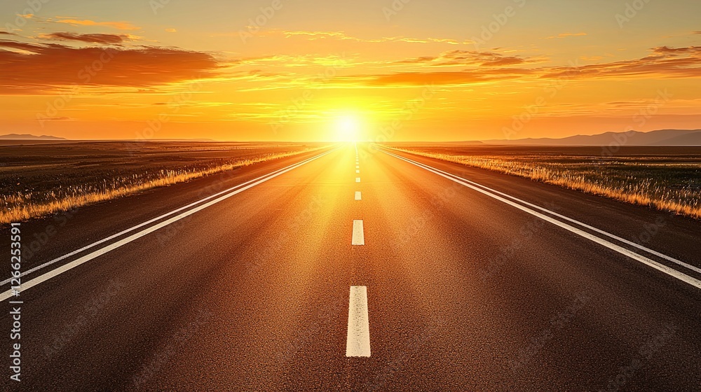 Obraz premium Scenic Open Road with Dramatic Sunset Over Golden Horizon