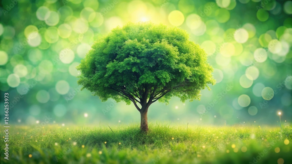 A Lush Green Tree in a Serene Meadow, Bathed in Soft Sunlight, Representing Tranquility and the Beauty of Nature A Lush Green Tree in a Serene Meadow, Bathed in Soft Sunlight, Representing Tranquility and the Beauty of Nature