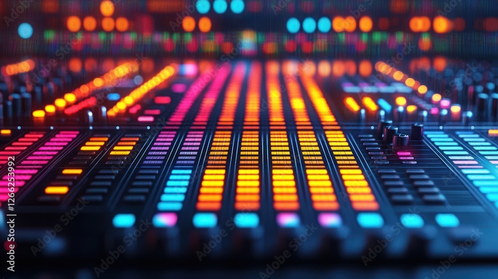 Fototapeta premium Colorful audio mixing console in a dark studio