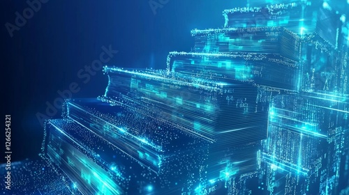 Online education background with abstract blue tech waves and glowing books, no people, copy space.