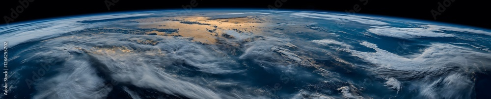 Obraz premium Banner of planet Earth from space showing vast cloud formations and massive hurricanes over the ocean, highlighting Earth's atmosphere and the power of nature from a satellite perspective.