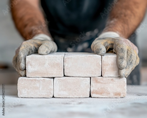 Hands Carefully Placing Light Beige Bricks photo