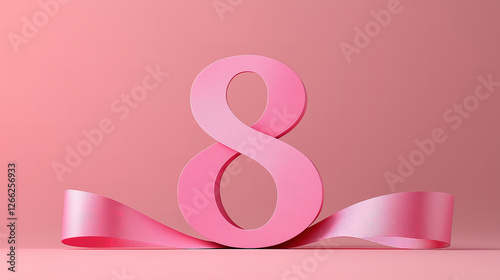 Stylish paper cut number 8 adorned with ribbon on pink background for International Women's Day