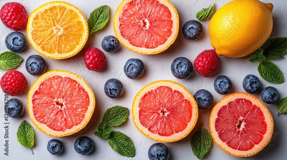 Colorful citrus and berry fruits arranged on a light gray surface Colorful citrus and berry fruits arranged on a light gray surface