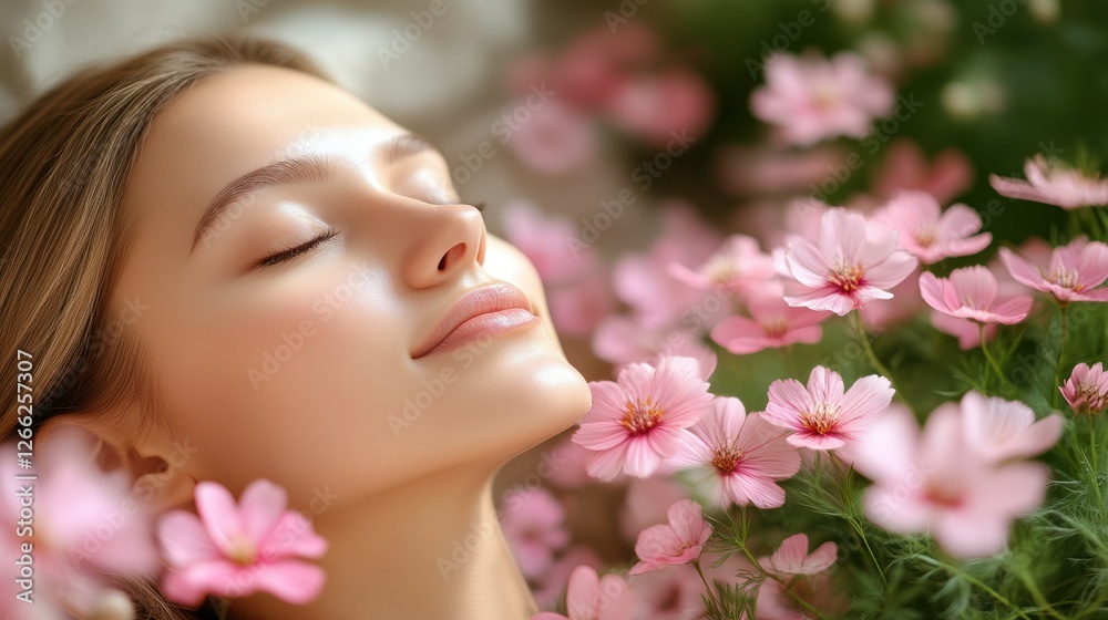 Serene beauty in a floral embrace, Peaceful woman amidst pink flowers Serene beauty in a floral embrace, Peaceful woman amidst pink flowers