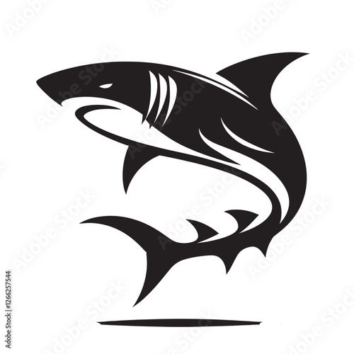 Stylized shark leaping graphic.